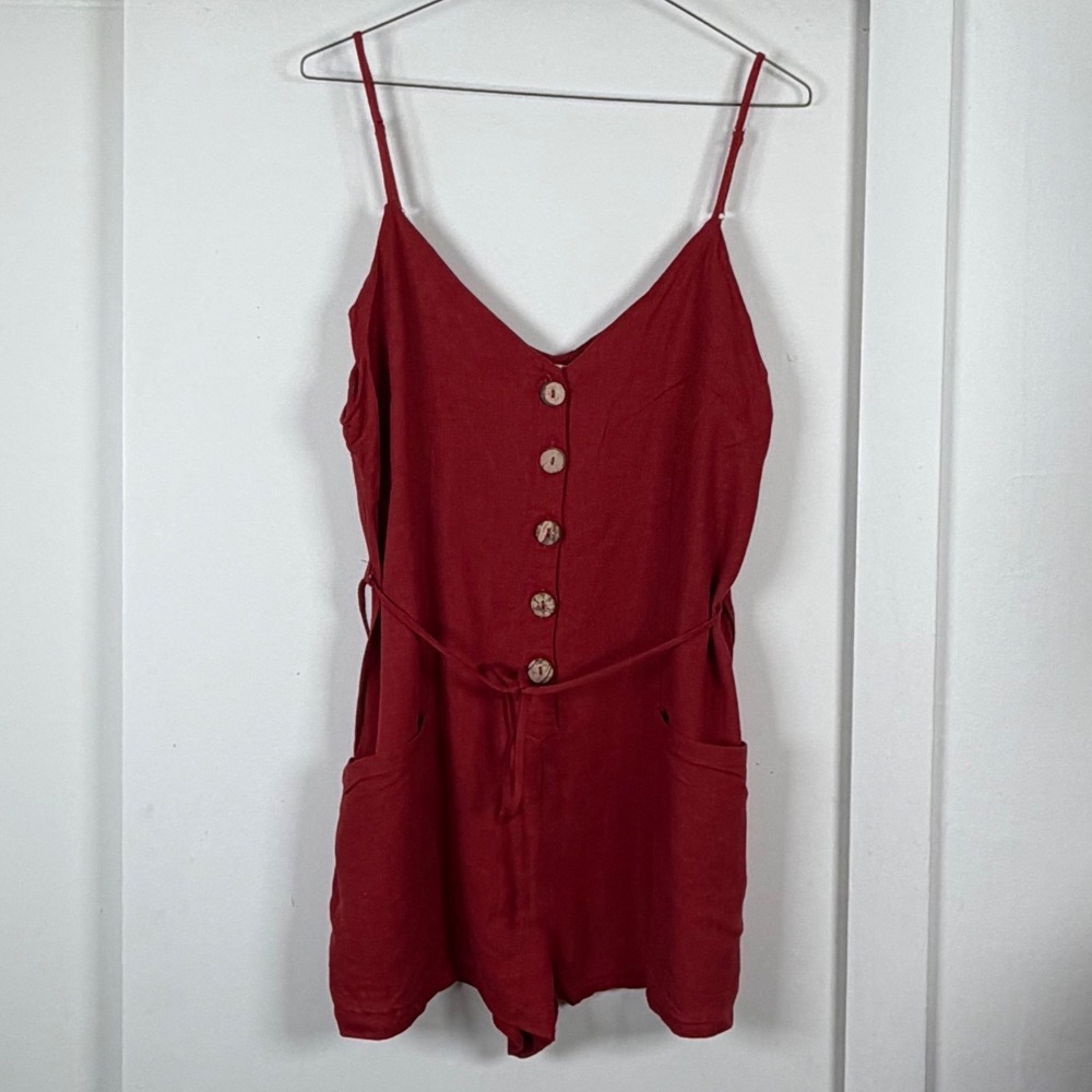 Ally Fashion Womens Red Button Front Tie Waist Linen Blend Romper Size US 8